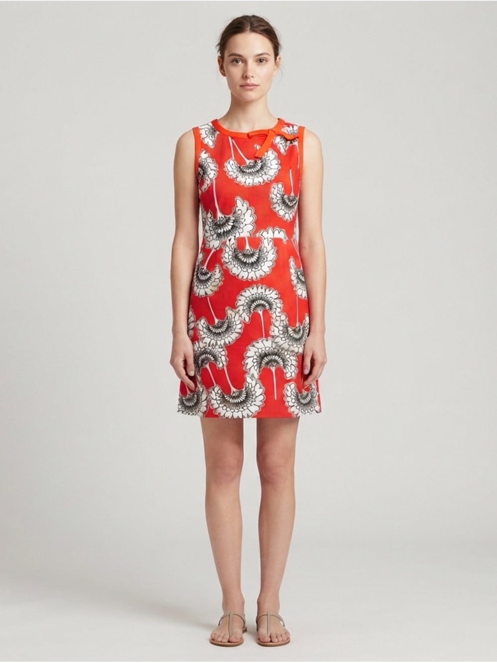 Lanvin Paris Red Silk Blend Floral Print Shift Dress Bow Neck Sz 4 Pre-Owned